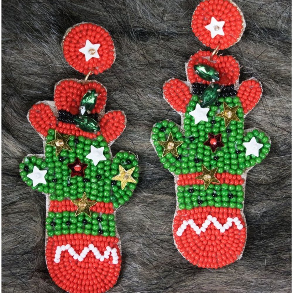 VIOLA Christmas Cactus Seed Bead Pierced Earrings NWT